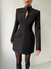 Women Elegant Office Dress Autumn Single Breasted Stand Collar Simple Solid Street Commute Skinny Suit Bodycon