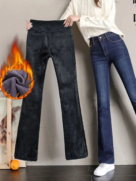 Winter Vintage Velvet Flare Jeans Warm Plush Lined Skinny Vaqueros Casual High Waist Womens Denim Pants Thicken Bell-bottoms