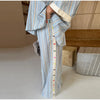 Striped Long Pants Set Color Block Turn Down Collar Three Quarter Sleeve Shirt Wide Leg Bottoms Casual Chic Women Outfits