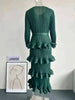Long Pleated Dress Women Round Neck Solid Color Ruffles Cake Belt Dresses Multi-layer Female Elegant Clothing 2R6863