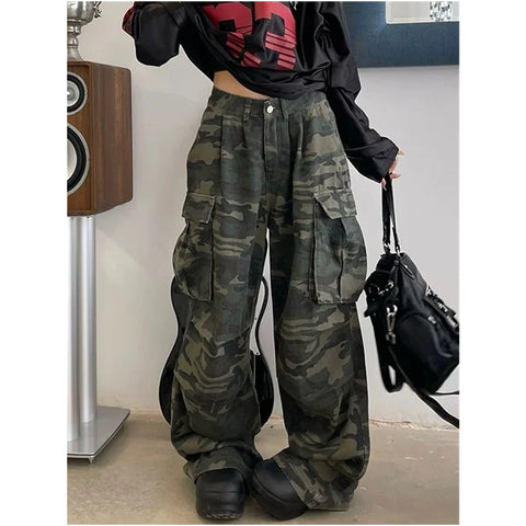 Military Green Womens Jeans High Waist Vintage Straight Baggy Y2K Denim Pants Hip Hop American Wide Leg Denim Trouser
