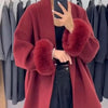 Women Fur Splicing Grey Woolen Coat Casual Belt Full Sleeve Lapel Loose Cardigan Outwear Lady Winter Highstreet Jacket