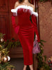 Women Christmas Dress Slim Fuzzy Trim Off Shoulder Long Sleeve Midi Bodycon Dress for Evening Party Club