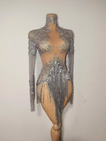 Sparkly Rhinestones Tassel Sexy See-Through Dress Women Latin Dance Outfits Bars Nightclub Party Perform Stage Costume