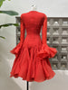 Women's Irregular Pleated Patchwork Long Flare Sleeve Waist Cinching Midi Dresses Female Clothing