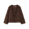 Brown Faux Fur Coat Women's Round Neck Loose Long Sleeves Thick Plush Short Jacket Winter 7A1041