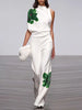 Women Floral Printed 2 Piece Sets High Neck One-shoulder Asymmetric Vest Tops & High Waisted Straight Leg Pants
