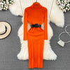 Elegant Turtleneck Long Sleeve Knit Soft Tight Pencil Dress with Belt Slim Warm Sweater Vestido Sexy Women Winter Robe