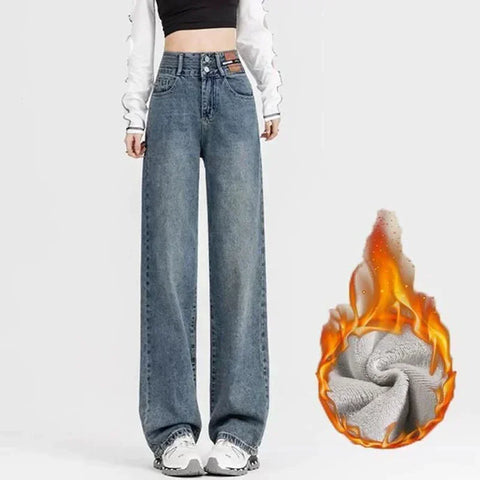 Woman Korean Double Buckle Design Jeans Female Winter Snow Warm Thermal Plush Pants Girls High Waist Denim Trousers