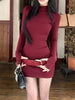 Long Sleeve Slim Bodycon Mini Dress Women Turtleneck Party Christmas Short Evening Club Outfit Dresses Belt Soild Color