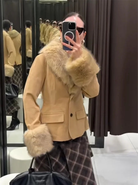 Faux Collar Suede Jacket Women Lapel Full Sleeve Plush Cuff Casual Short Jackets Lady Daily Commute Street Outwear