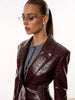 Women Burgundy Croc Faux Leather Notched Lapel Slim Fit Blazer Jacket Single Breasted Long Sleeve Elegant Office