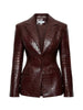 IG Women Burgundy Croc Faux Leather 2 Piece Suit Set Notched Lapel Slim Blazer Jacket High Waist Midi Pencil Skirt Elegant
