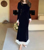 Women Dress Spring Autumn Square Collar Long Sleeve Velvet Patchwork Lace Cinched Waist Elegant Temperament Long Dress