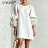 Women Solid Mini Dress Round Neck Puff Sleeve 3D Flower Cuff Loose Shift Dress Elegant Vacation Party Daily Casual Short Dresses