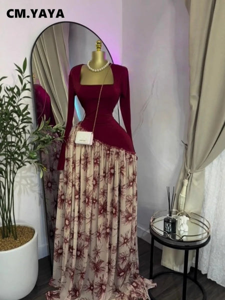 Women Print Full Sleeve Sashes Elegant Long Maxi Dress Fall Birthday Holiday Evening Sexy Party Dresses Vestidos