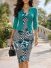 Womens Elegant Geometry Floral Patchwork Work Office Knee Length 2/3 Sleeve Business Casual Party Pencil Bodycon Sheath Dress