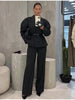 Lady Black Pinstripe Two Piece Suit Belted Wrap Long Sleeves Blazer Wide Leg Pants Sets Autumn Chic Formal Business Set