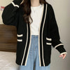 Autumn Vintage Mid Long Sweater Cardigan Woman Preppy Style Contrast Color Knitted Coat No Button Casual Street Open Outerwear