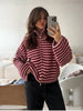 Spring Striped Loose Knit Cardigans Women Casual Turtleneck Zip-up Pink Sweater Coat Women Knitwear Streetwear