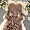 European Court Style Dress for Women A Design Sense Tassel V-neck Slim Fit Long High-temperature Pleated Flared Sleeve