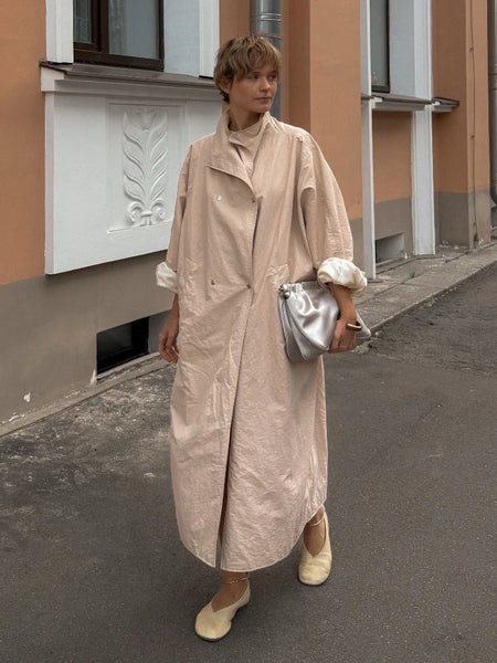 Women Solid Casual Long Trench Coat Lapel Collar Single Breasted Batwing Sleeve Windbreaker Streetwear Oversized Outerwears