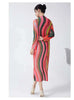 High Collar Long Sleeve Women Dresses Contrast Color Striped Pleated Slim Mid-Calf Elegant Clothing 2DC1022
