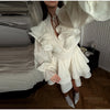 Solid Ruffle Mini Dress U Neck Long Puff Sleeve Tie Neck Tiered Hem Sweet Style Gown Soft Pastel Tones Chic Women Outfit
