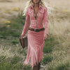 Western Retro Solid Suede Spliced Tassel Dress Woman Sexy Hollow Zipper Lapel Party Dress Autumn Long Sleeve Slim Bodycon Dress