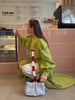 Green Lapel Belt Lace Up Long Trench Coat Women Lantern Sleeve Waist Cinching Jacket Autumn Lady Street Daily Outerwear