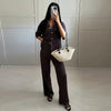 Brown V-Neck Knit Shirt Pants Set Women Solid Long Sleeve Top Empire Straight Loose Trousers Lady Spring Suit