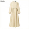 Muslim Kaftan Long Dress Hijabs Women Lantern Sleeves Lace-Up Solid Color Pleated Maxi Dress Islamic Woman Abaya Robes