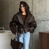 Retro Solid Lace Up Leather Short Jackets Women Chic Lapel V-neck Waist Cinching Cropped Jackets Lady Daily High Street Outwear