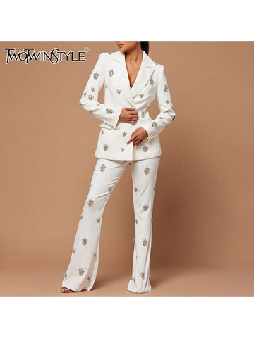 Patchwork Diamonds Two Piece Set For Women Notched Collar Long Sleeve Blazer High Waist Flare Pant Chic Sets Female