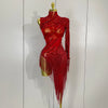 Sparkly Rhinestones Tassel Sexy See-Through Dress Women One Shoulder Latin Dance Outfits Bars Nightclub Party Stage Costume