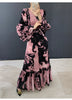 Abstract Print Ruched Womens' Pleated Dress Ruffle Sleeve Pleated Chiffon Long Dresses Party Outfit 2DB7460