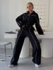 Women Black Track Suit Jacket Two Piece Suit Zip Up Cinch Waist Coat Wide Leg Pants Lady Autumn Street Matching Set