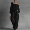 Chic Mesh Knit Sweater Two Piece Set Women Off Shoulder Drawstring Baggy Wide Leg Trousers Suit Casual Streetwear Holiday Outfit