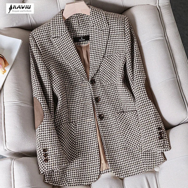 Coffee Plaid Blazer Women Tempeament Wool Long Sleeve Slim Jacket Office Ladies Work Coat Gray Tops