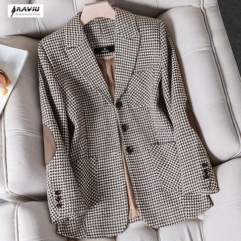 Coffee Plaid Blazer Women Tempeament Wool Long Sleeve Slim Jacket Office Ladies Work Coat Gray Tops