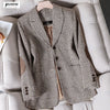 Coffee Plaid Blazer Women Tempeament Wool Long Sleeve Slim Jacket Office Ladies Work Coat Gray Tops