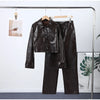 Y2K Punk Embossed Leather Coat Pants Set Women's Chic Lapel Cropped Jacket Matching High Waist Pant Streetwear Lady Outfit