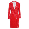 Women Wet Look PU Leather Long Trench Coat Blazer Lapel Open Front Long Sleeve Jacket Overcoat with Belt Streetwear Clubwear