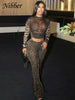 Sexy 2 Piece Set Women See Through Midnight Party Full Sleeve Crop Tops+Pants Matching Clubwear Skinny Autumn Outfits