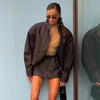 Vintage Solid Suede Skirt Two Piece Set Women Stand Collar Full Sleeve Zipper Jacket Mini Skirts Autumn Lady Streetwear