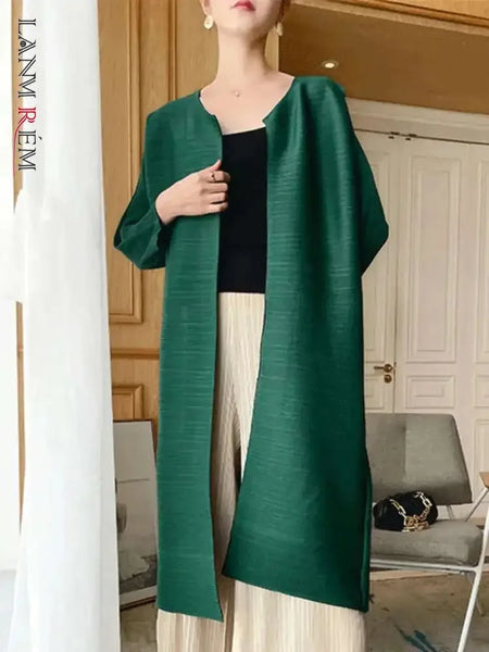 Women Solid Color Open Stitch Long Sleeve Trench Female Loose Pleated Windbreaker Spring 2J485