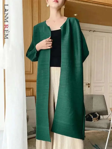 Women Solid Color Open Stitch Long Sleeve Trench Female Loose Pleated Windbreaker Spring 2J485