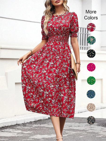 Women's Floral Print Puff Sleeve Dress, Round Neck Waist Tie Design, Boho Style Woven Fabric, All Season Wearable