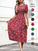 Women's Floral Print Puff Sleeve Dress, Round Neck Waist Tie Design, Boho Style Woven Fabric, All Season Wearable