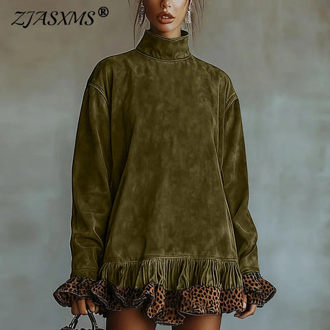 Vintage Patchwork Leopard Ruffle Dress Woman Casual Turtleneck Slim Mini Dress Autumn Long Sleeve Female Pullovers Dress